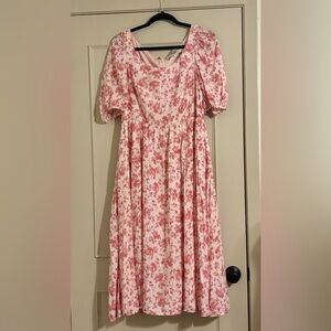JessaKae Pink and White Midi Dress with Puff Sleeves